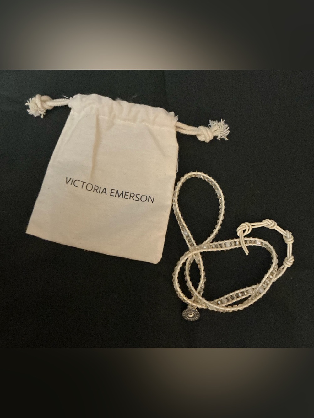 Victoria Emerson White Leather Wrap Gold and White Beads 23” With Gift Bag